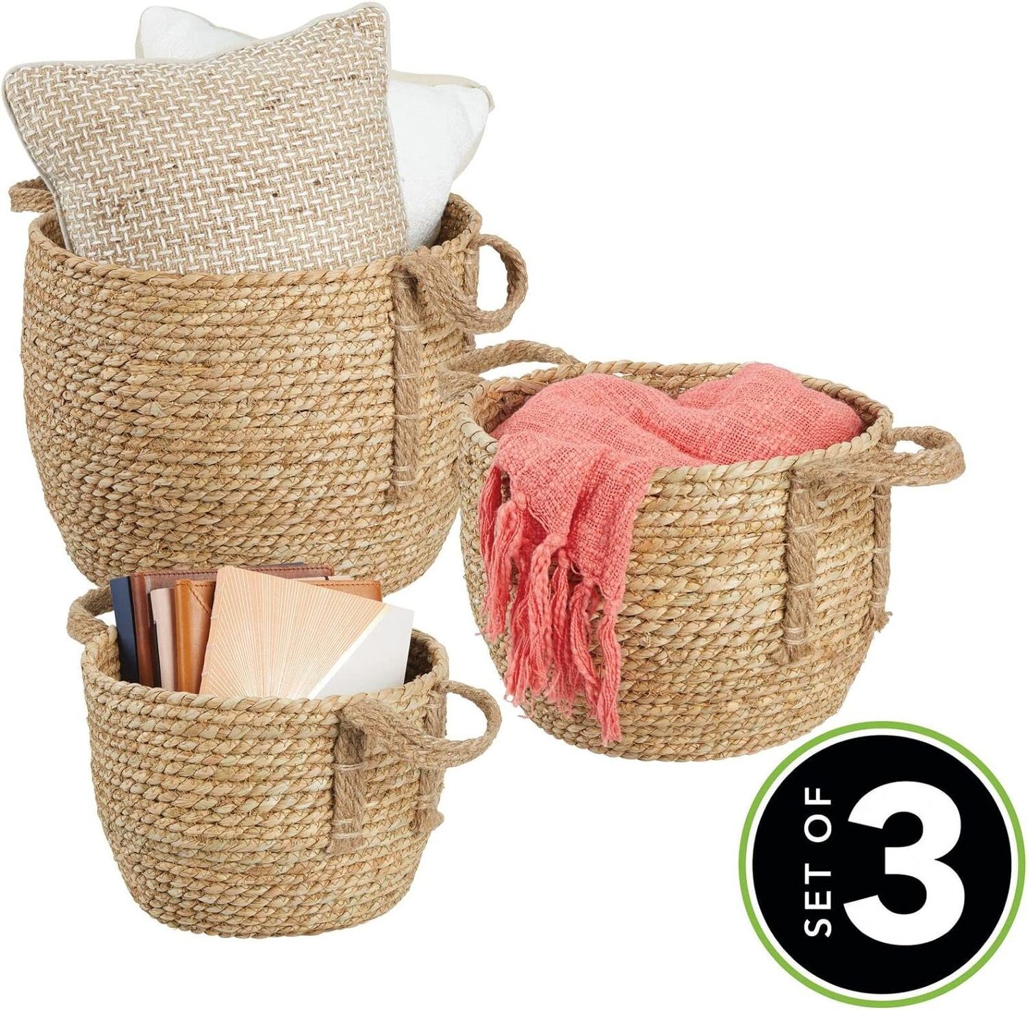 QJMAX Round Rope Braided Seagrass Woven Storage Basket With Jute Handles For Shoe