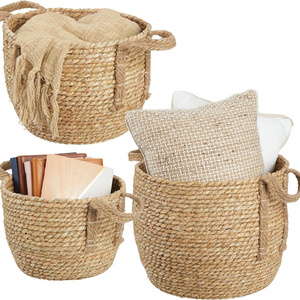 QJMAX Round Rope Braided Seagrass Woven Storage Basket With Jute Handles For Shoe