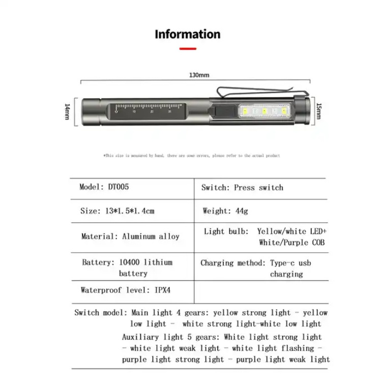 LED pen light with built-in TYPE-C charging clip, compact and portable UV purple light flashlight