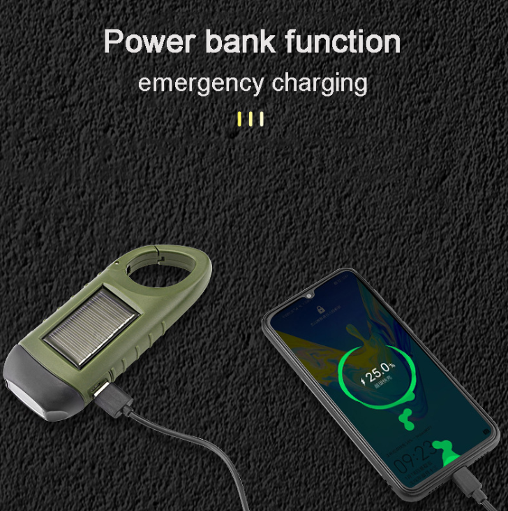 hand crank solar emergency flashlight 3 LED dynamo flashlight carabiner rechargeable led torch light with power bank function