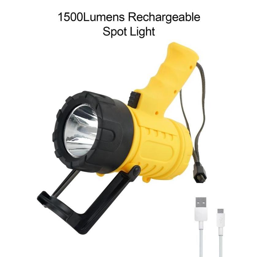 IP67 Waterproof Rechargeable Spotlight 1500Lumen Handy Flashlight with Adjustable Stand Work Light for Searching Boating Hunting