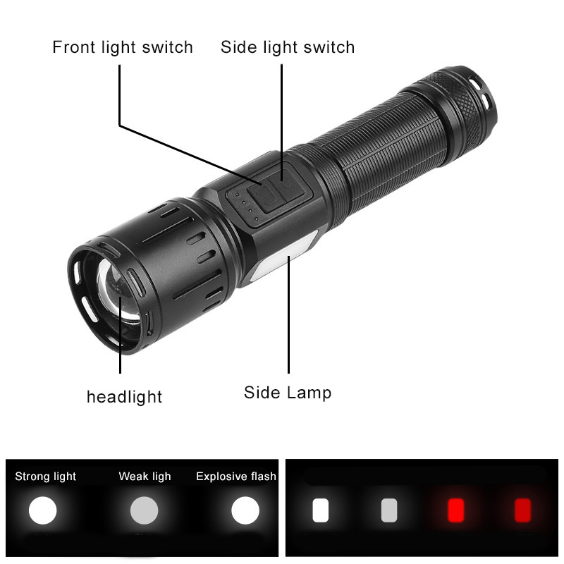 Popular white laser flashlight with COB side lights, multifunctional camping light, strong light detection flashlight