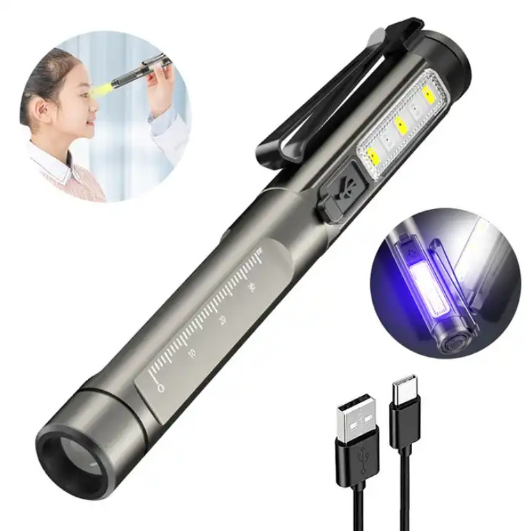 LED pen light with built-in TYPE-C charging clip, compact and portable UV purple light flashlight