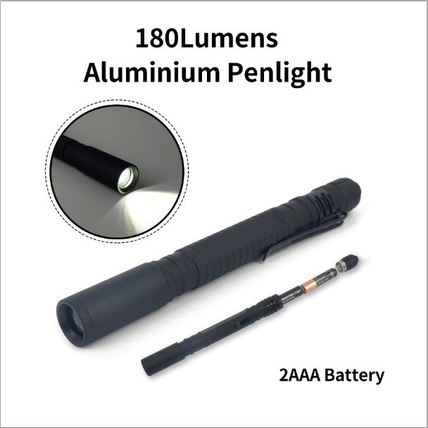 Zoom Aluminum Torch Light  Led Pen Light Batteries Black Nurse Flashlight With Clip