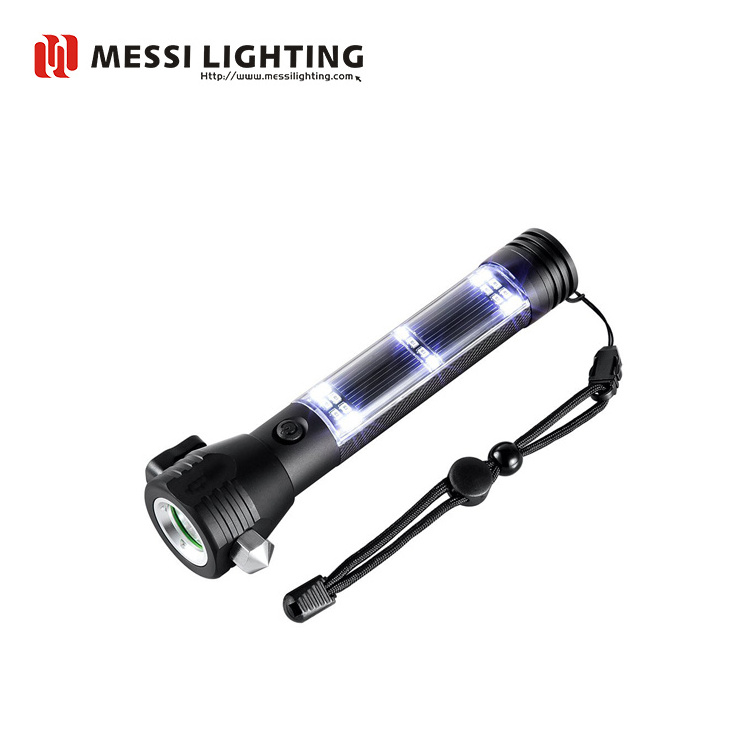 Rechargeable Emergency LED solar Torch Flashlight With Compass Hammer Belt Cutter power bank