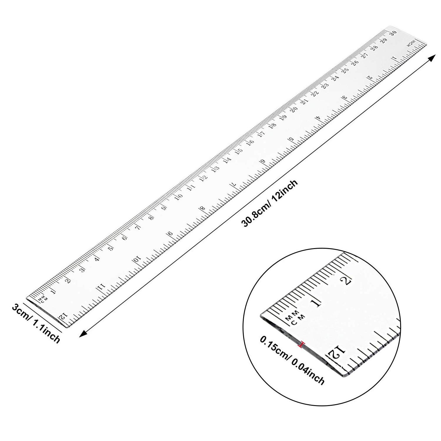 Custom Transparent Clear 30cm Plastic Straight Ruler Actual Size School Student Teaching Scale Ruler