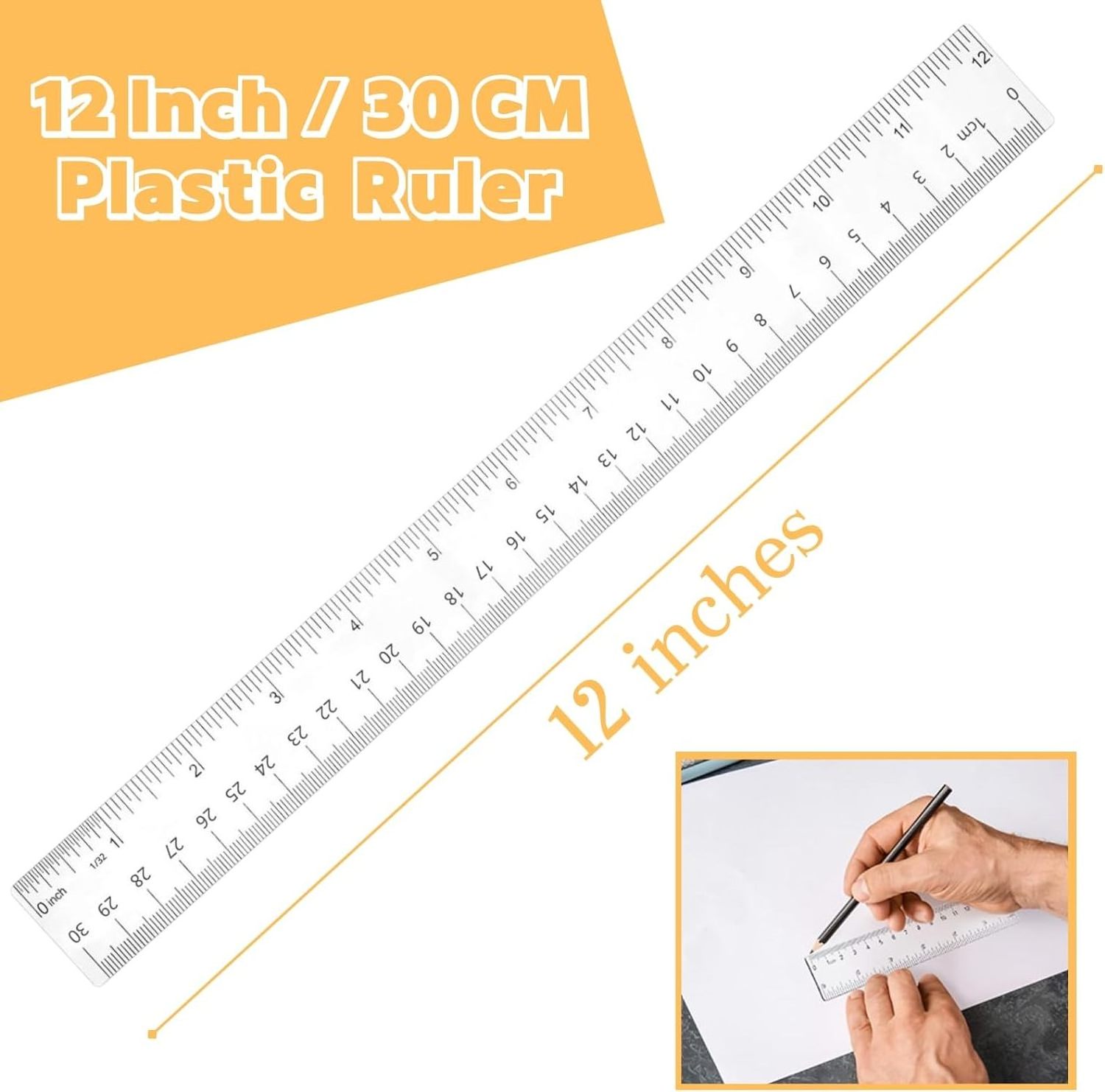 Custom Transparent Clear 30cm Plastic Straight Ruler Actual Size School Student Teaching Scale Ruler