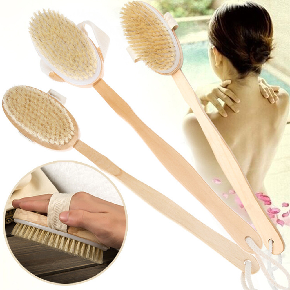 1Pc Bath Brush Long Wood Handle Reach Back Body Shower Natural Bristle Scrubber Spa Bathroom For Dry Brushing and Shower