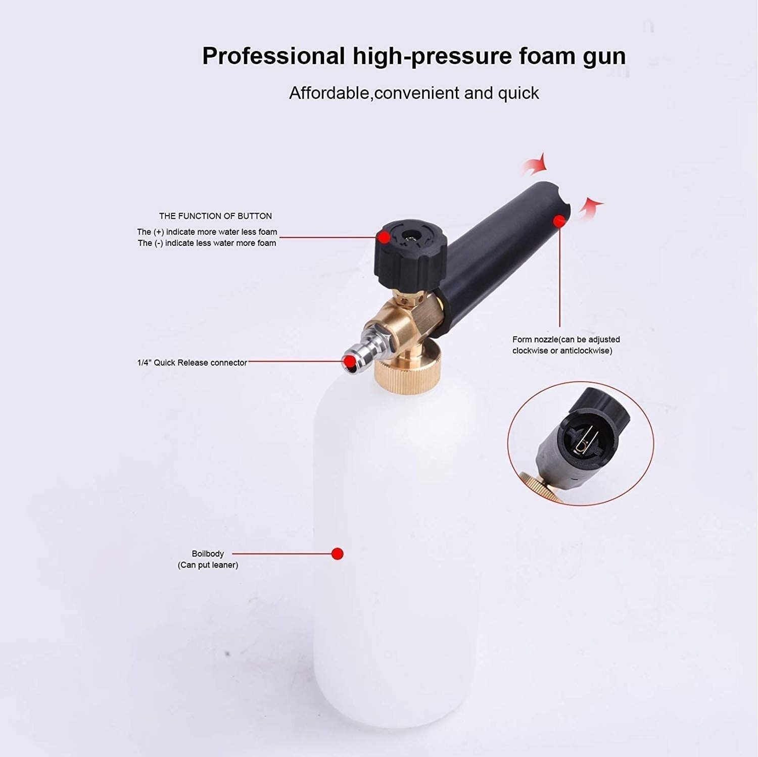 Pressure Washer Foam Cannon, Snow Foam Lance Adjustable Soap Dispenser Nozzle 1L Bottle Compatible with 1/4