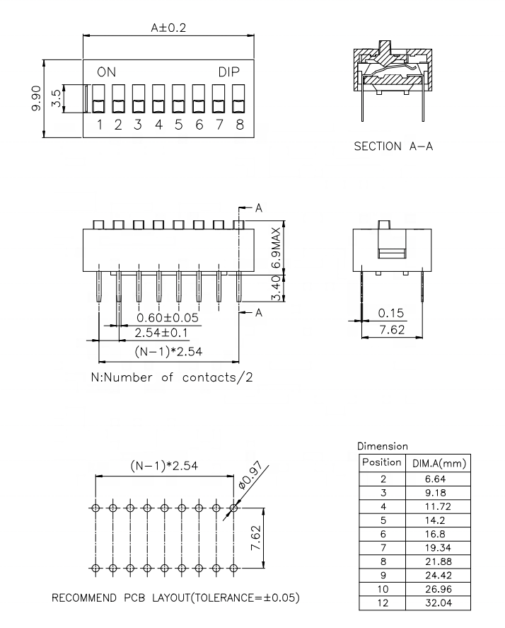 Slide DIP switch with 2.54mm pitch 1 2 3 4 5 6 7 8 9 10 11 12 position connector