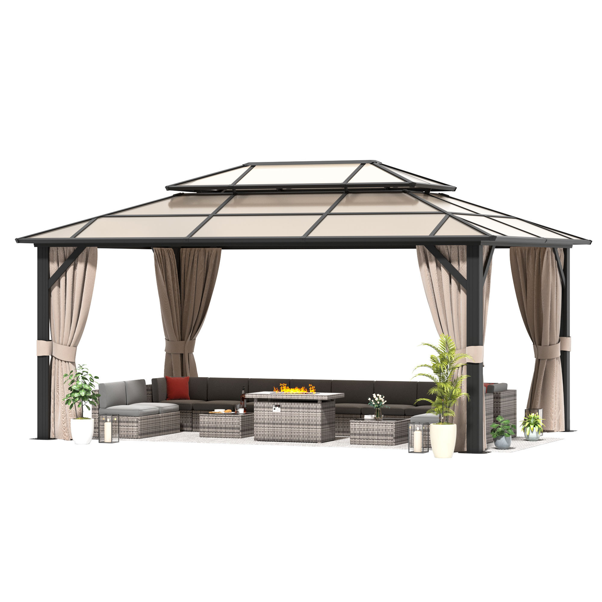 Permanent free standing polycarbonate double roof pavilion pergola 10x16ft patio outdoor canopy aluminum hardtop gazebo