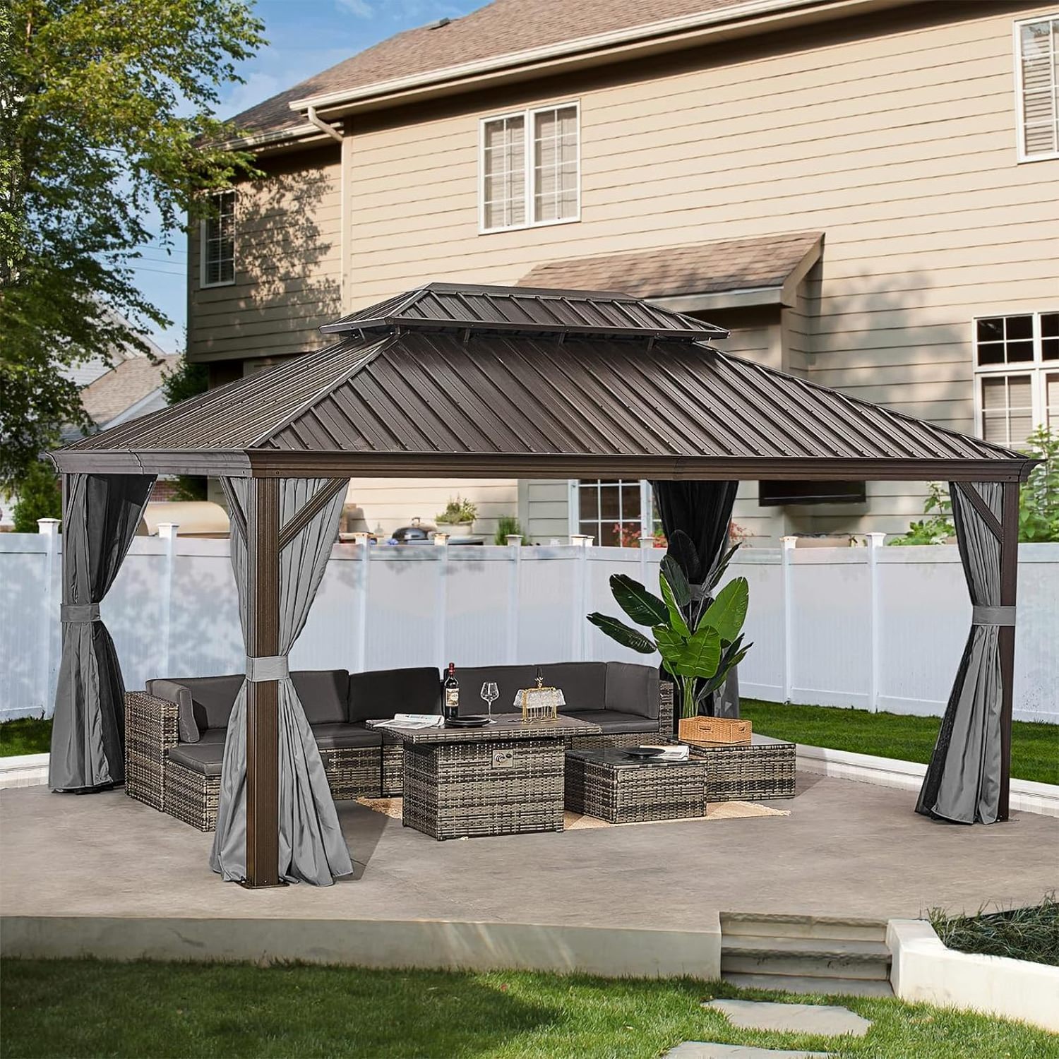 12' x 16' Hardtop Aluminum Gazebo Double Roof Grey-Easily Assembled Durable Polycarbonate Coating Arch Arbour