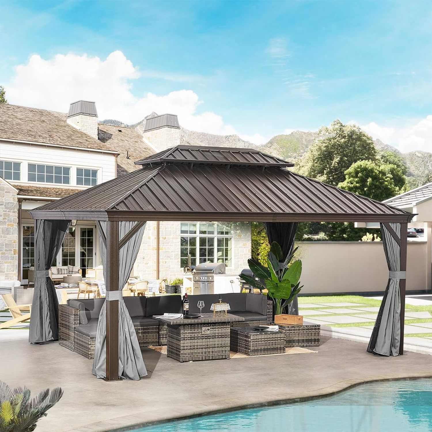 12' x 16' Hardtop Aluminum Gazebo Double Roof Grey-Easily Assembled Durable Polycarbonate Coating Arch Arbour