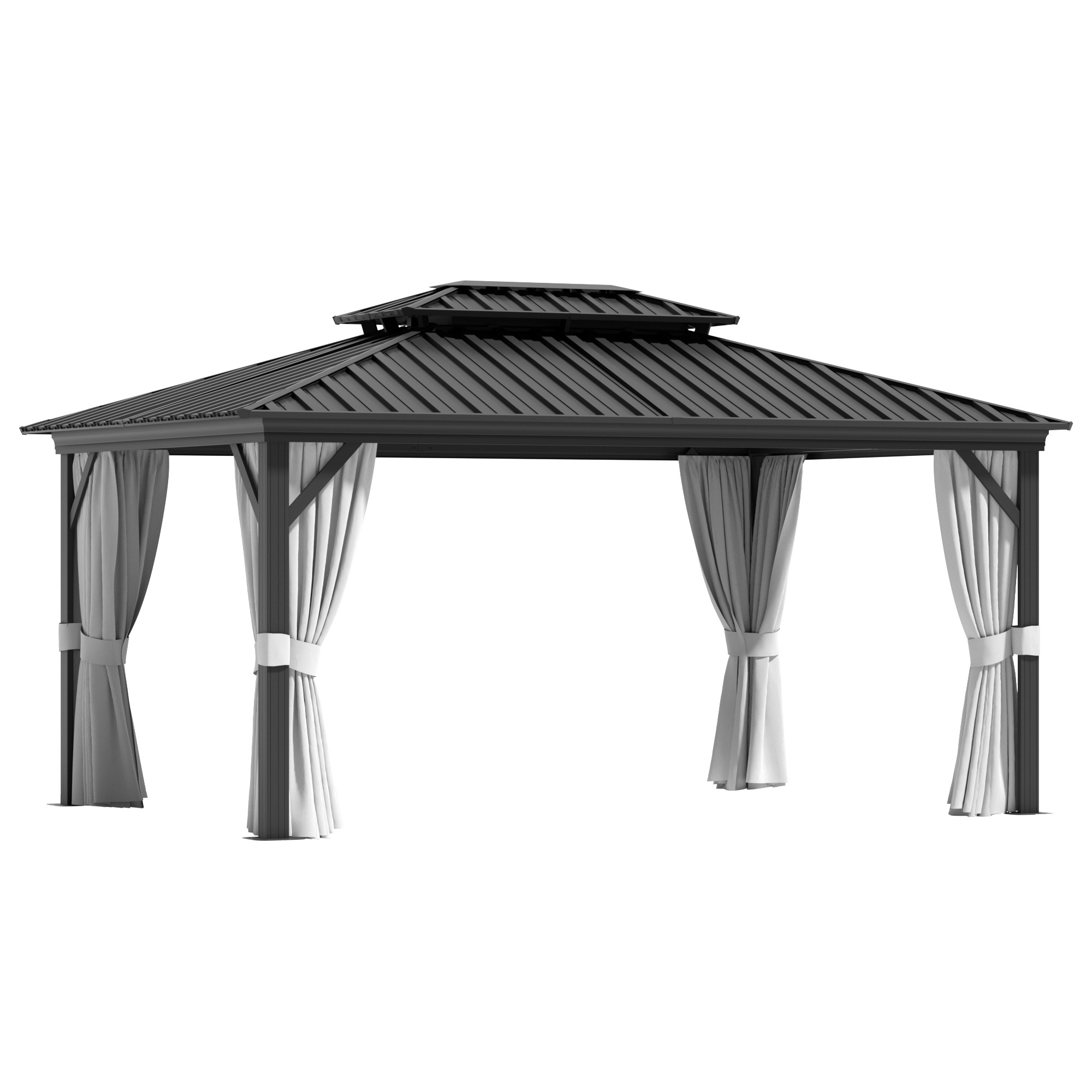 12' x 16' Hardtop Aluminum Gazebo Double Roof Grey-Easily Assembled Durable Polycarbonate Coating Arch Arbour