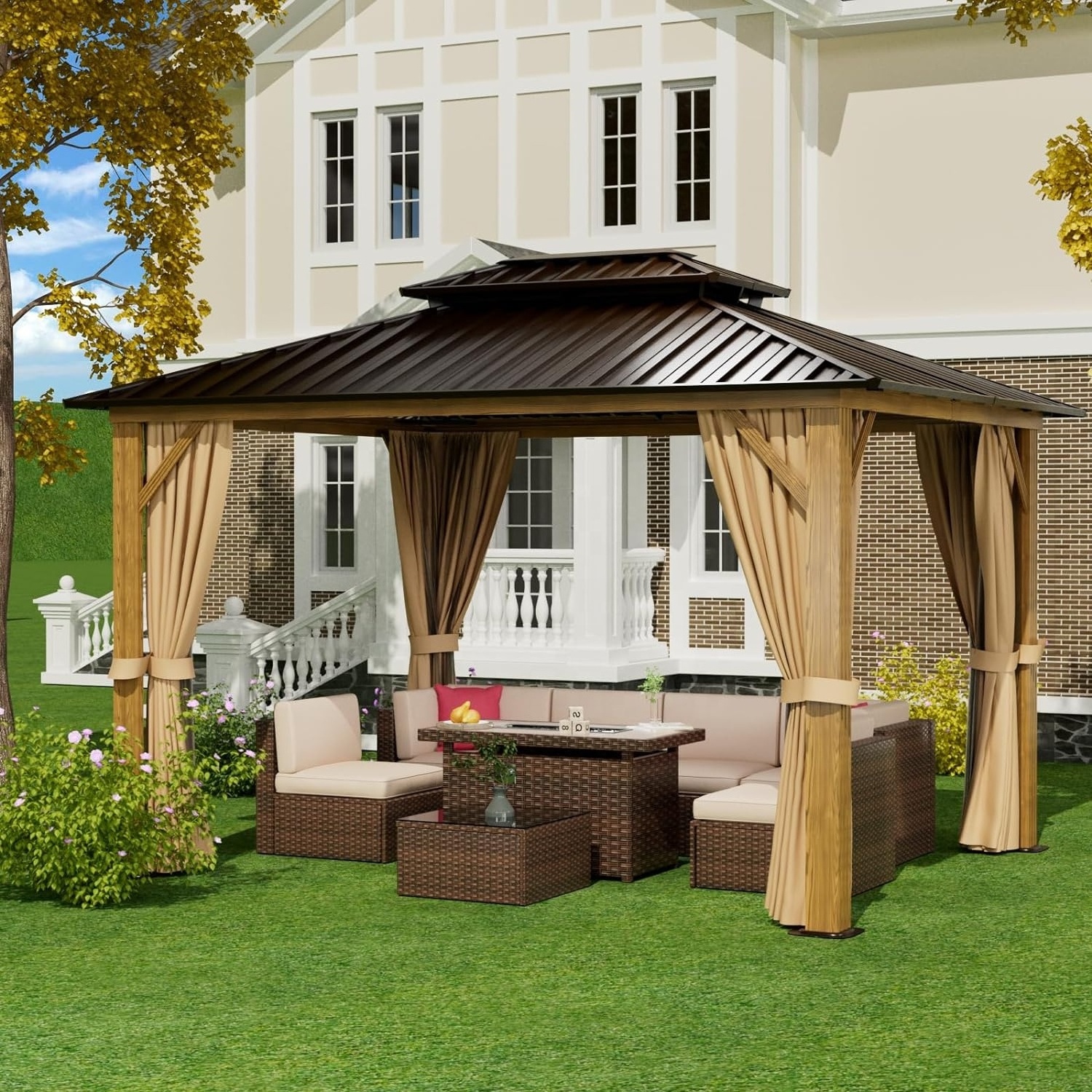 10' x 12' Hardtop Metal Gazebo, Vertical Line Double Roof, Wood Grain