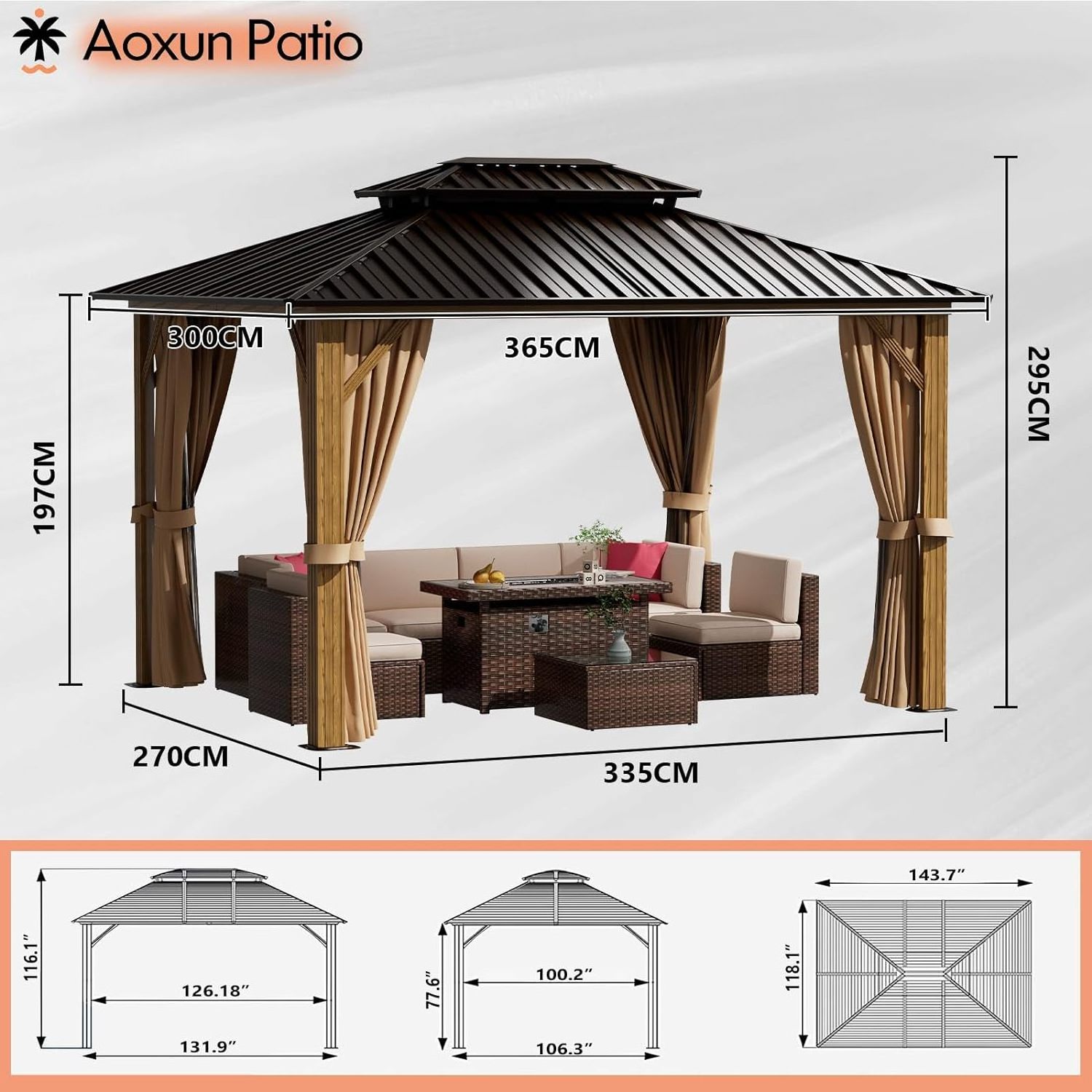 10' x 12' Hardtop Metal Gazebo, Vertical Line Double Roof, Wood Grain