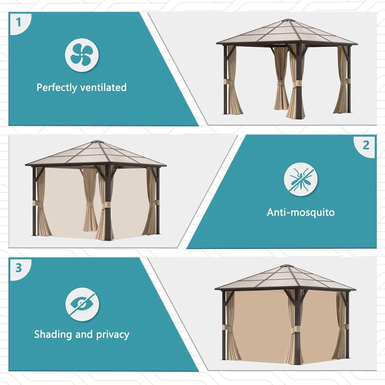 10' x 10' Hardtop Gazebo, Polycarbonate Single Roof, Aluminum Frame with Curtains and Netting, Brown