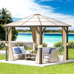 10' x 10' Hardtop Gazebo, Polycarbonate Single Roof, Aluminum Frame with Curtains and Netting, Brown