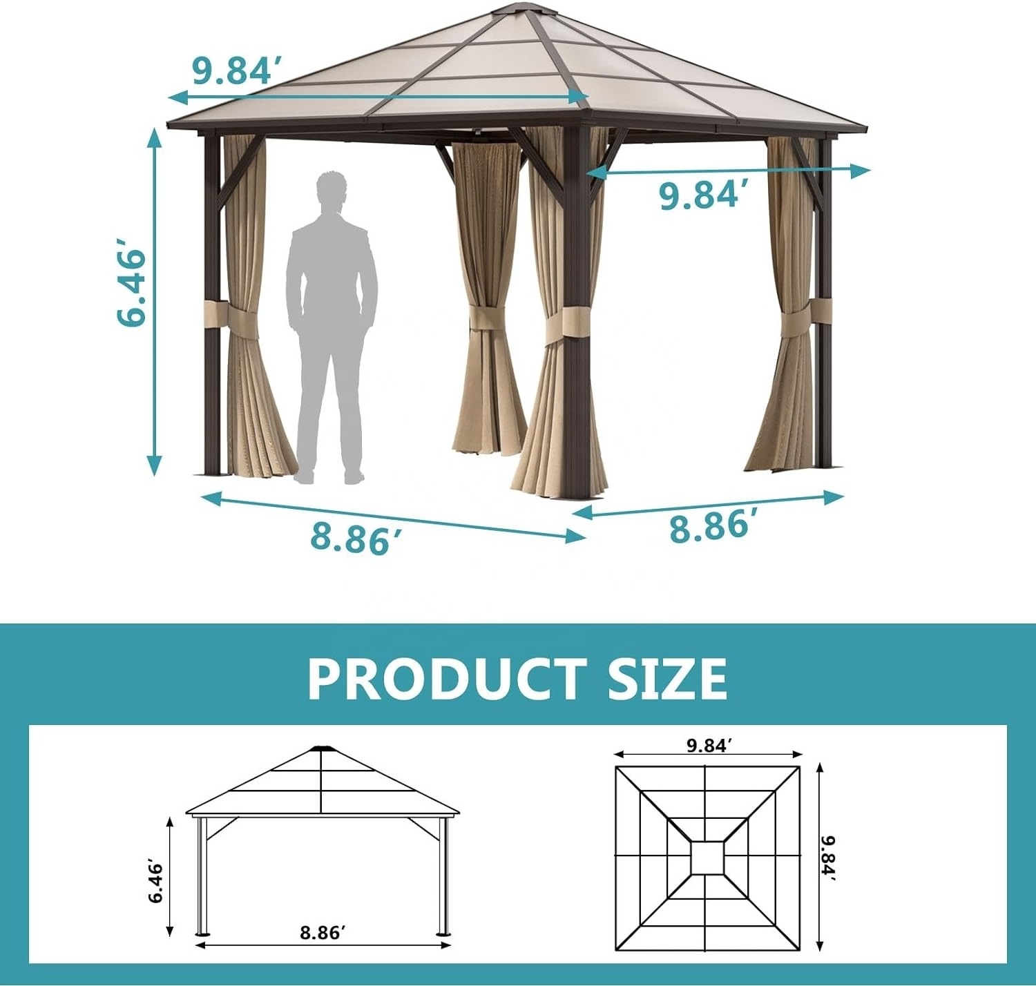 10' x 10' Hardtop Gazebo, Polycarbonate Single Roof, Aluminum Frame with Curtains and Netting, Brown