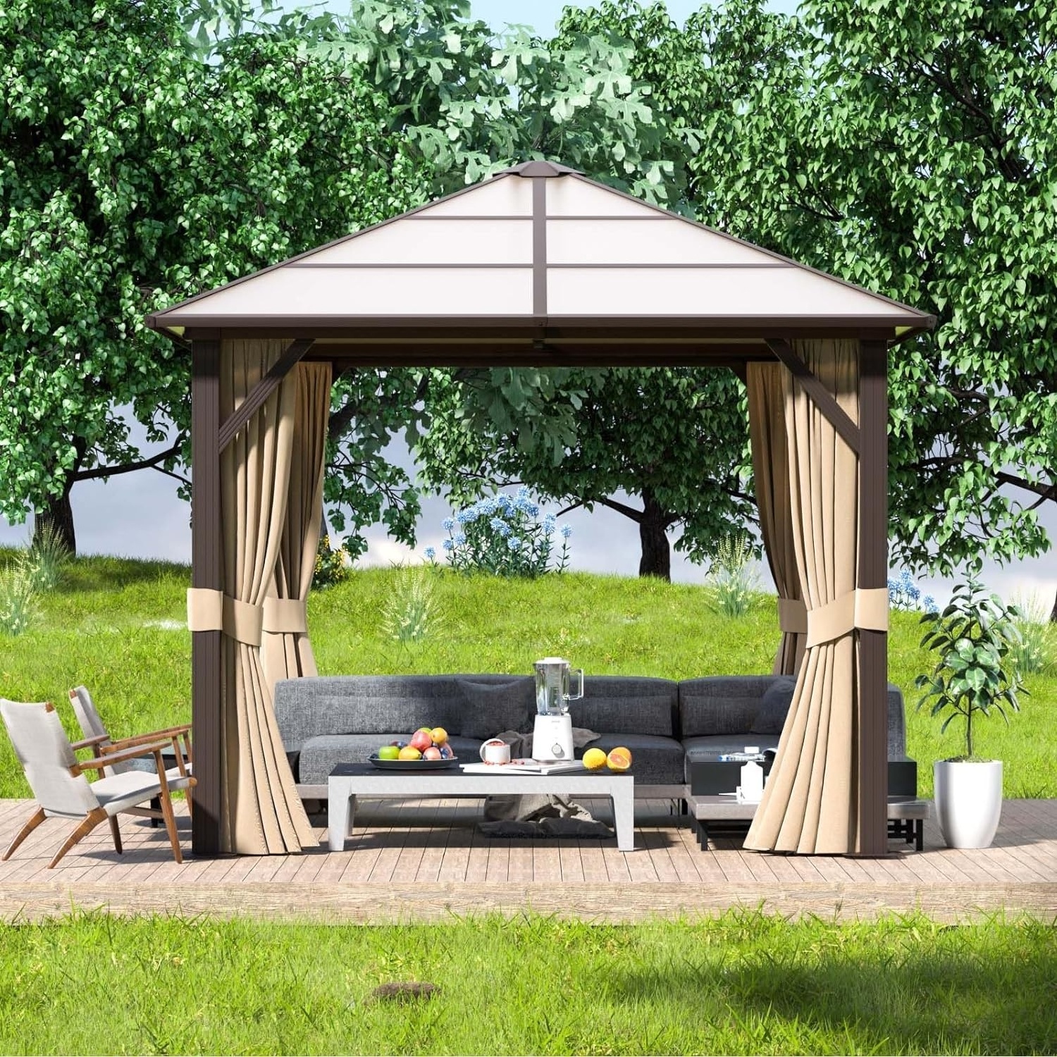 10' x 10' Hardtop Gazebo, Polycarbonate Single Roof, Aluminum Frame with Curtains and Netting, Brown