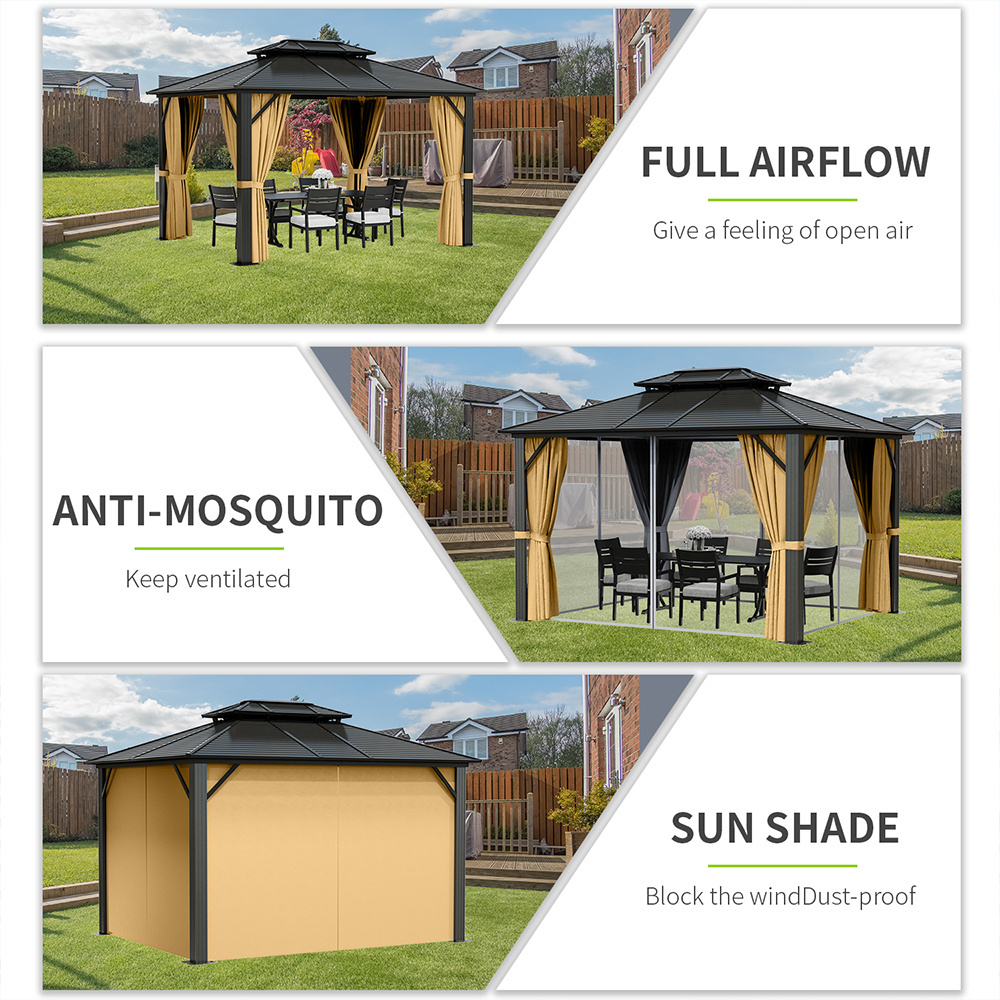 10x12 inch Outdoor Patio Garden Metal Hardtop Gazebo Roof Solid with Privacy Curtains and Mosquito Netting