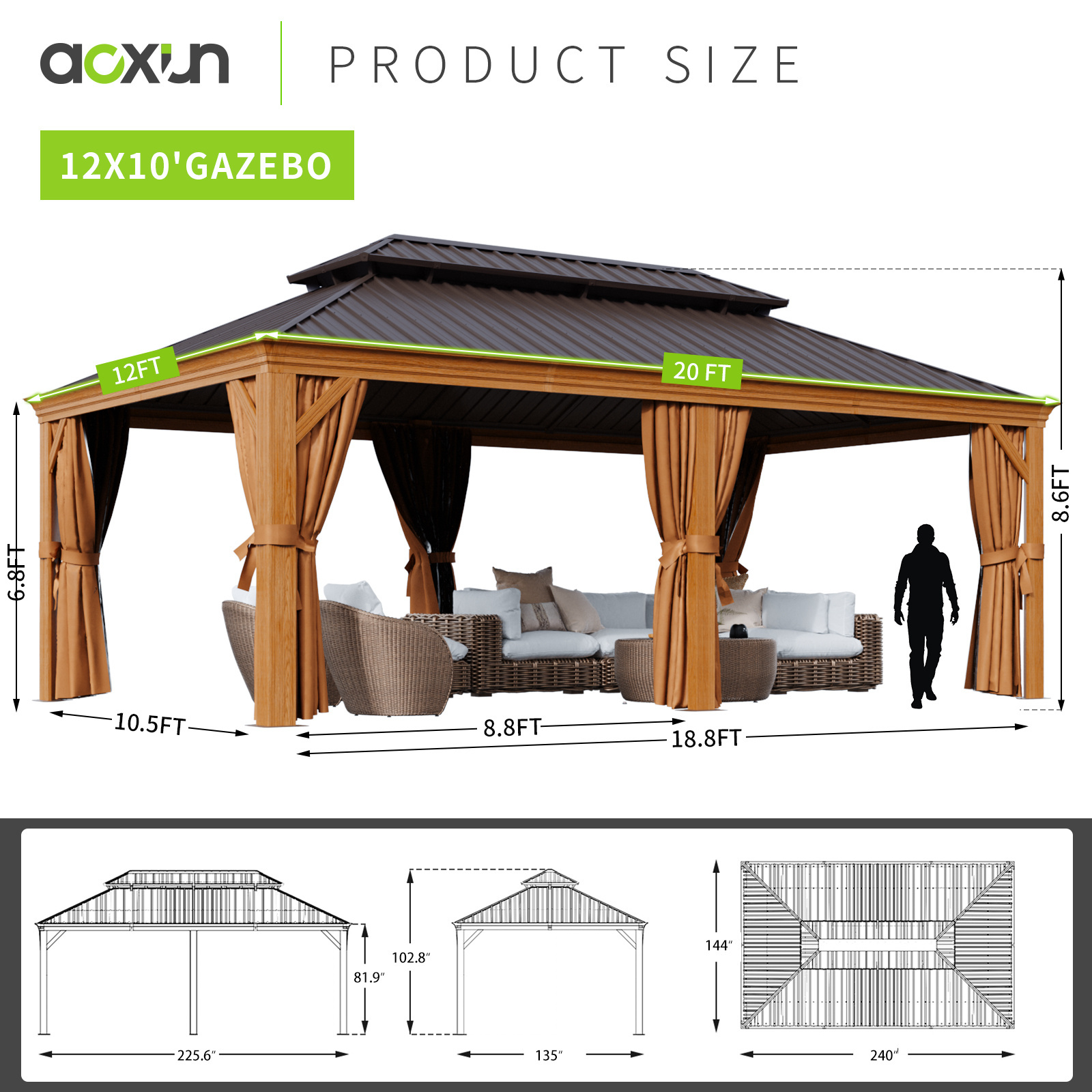 Mochen 12' X 20' Aluminum Gazebo Canopy Garden Hardtop Outdoor Gazebos With Galvanized Steel Double Roof