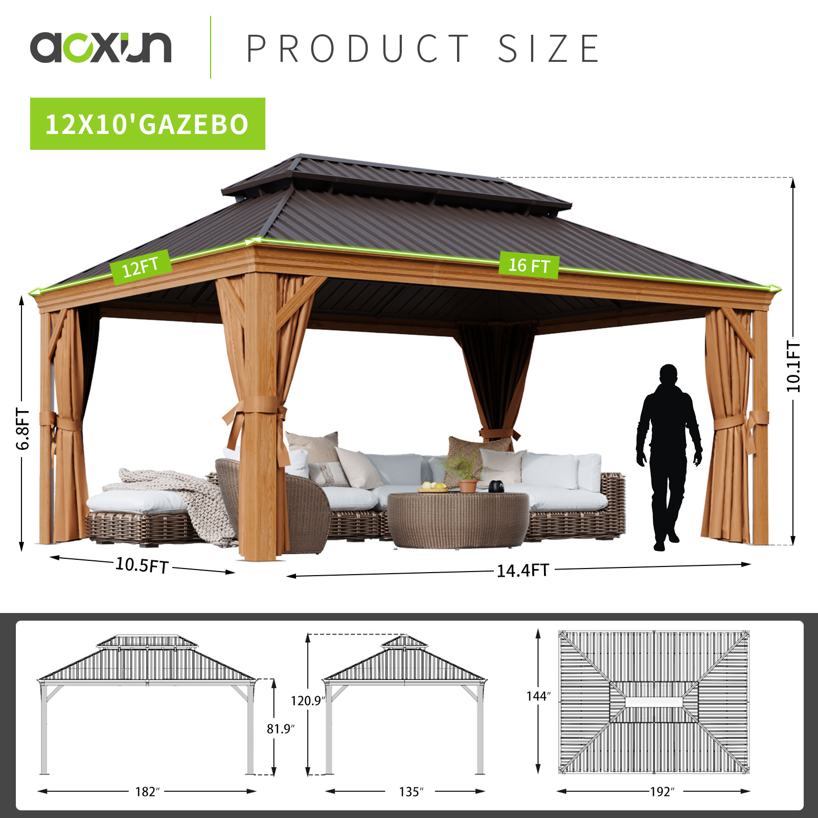 Mochen Luxury 12x16 ft Outdoor Patio Gazebo Cedar Framed with Galvanized Steel Double Roof Hardtop Powder Coated for Hotels