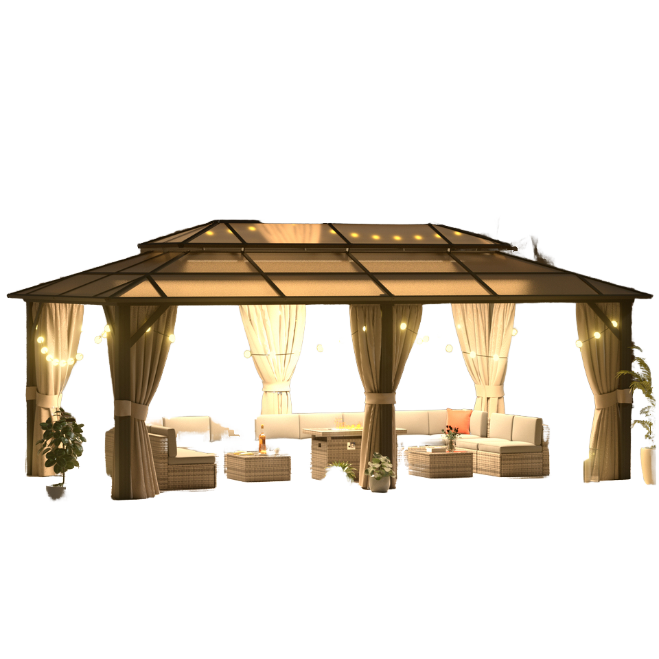 Durable Brown Gazebo with Double Roof Easy-to-Assemble Polycarbonate Frame Hardtop Aluminum PVC Powder Coated for Longevity