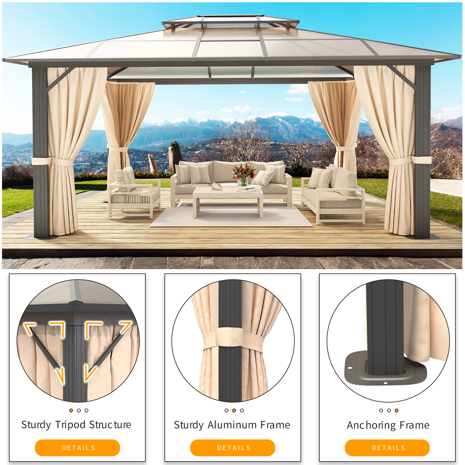 Mochen Outdoor Aluminum Polycarbonate Gazebo Roof Arch Arbour Pergola or Bridge Design