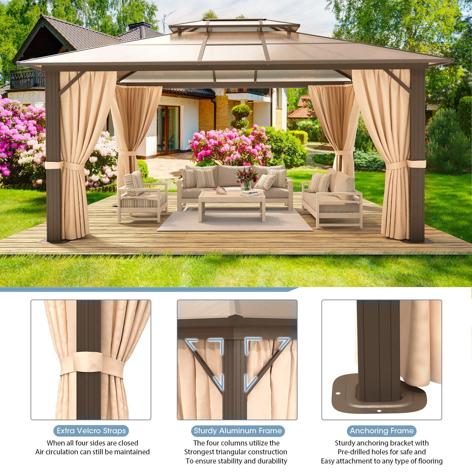 Gazebo Manufacturer Polycarbonate Pvc Roof Garden Galvanised Outdoor Hard Top Gazebos Pergola