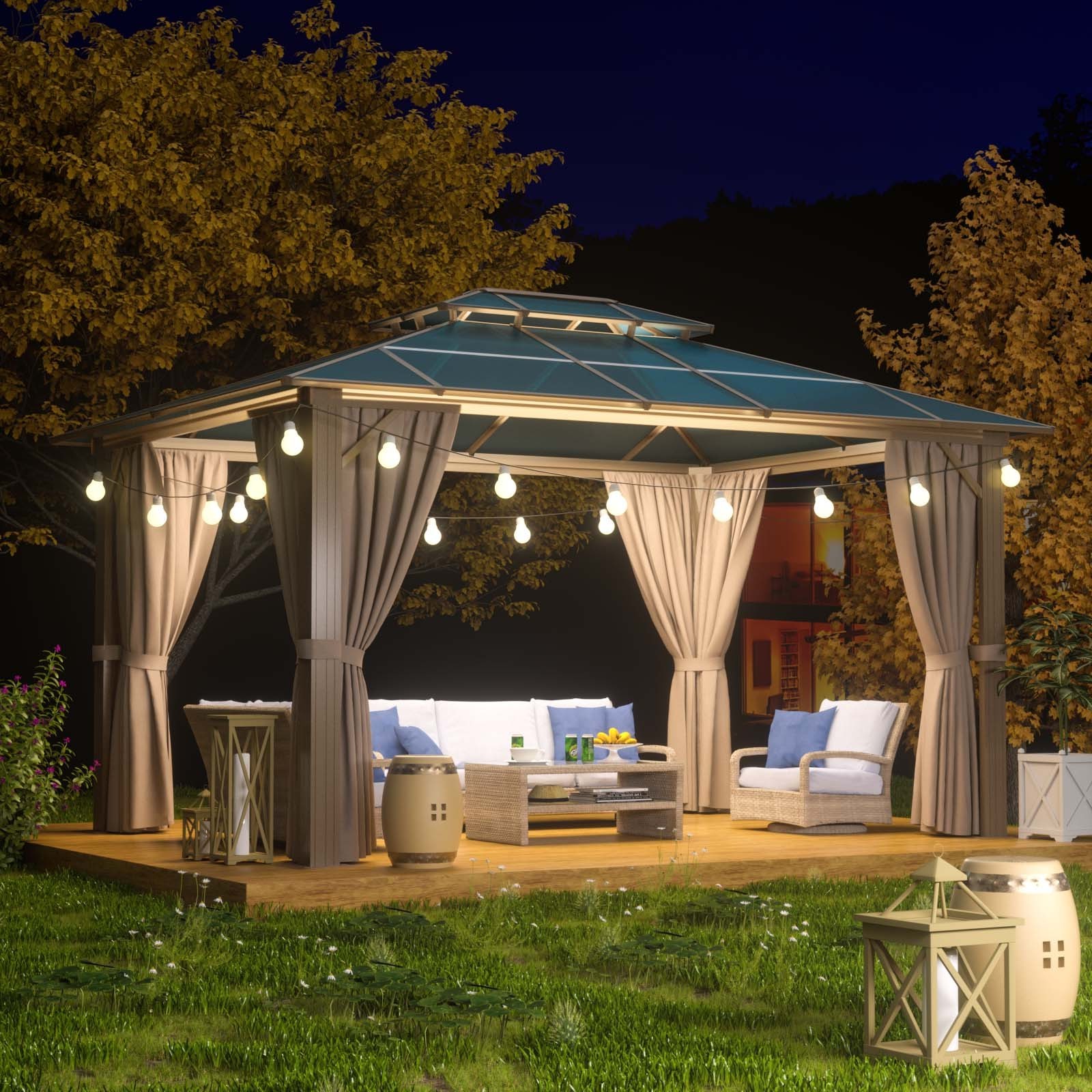 Double Metal Roof Hard Top Pavilion Luxury Heavy Duty Pop UP Waterproof Roman Big Gazebo with Curtains