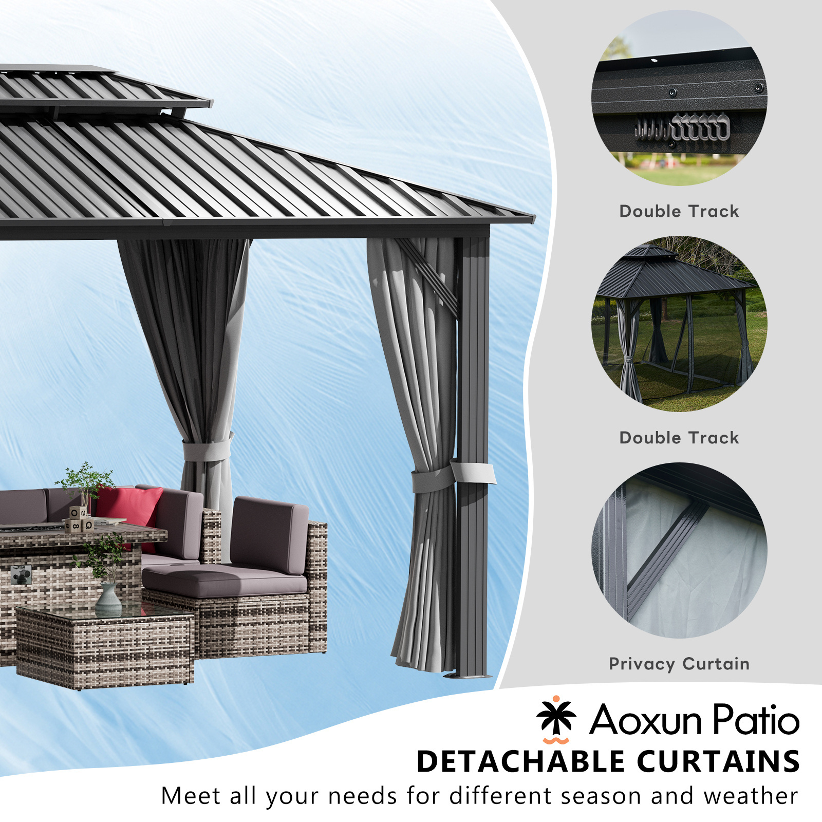 Waterproof With Double Roof Metal Steel Patio Gazebo With Mosquito Netting For Outdoor Garden BBQ