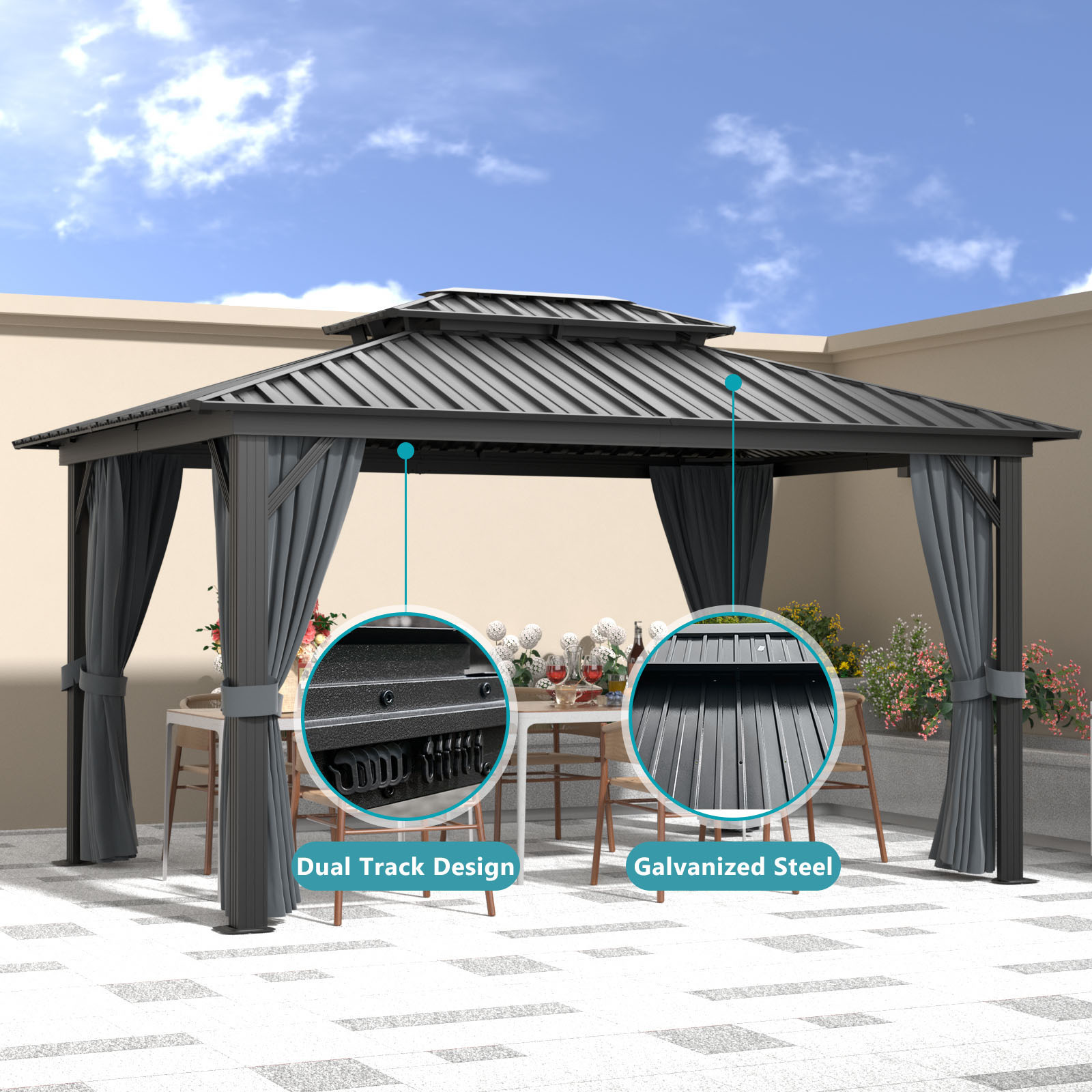 Large Luxury Patio Metal Aluminum Gazebo Tent With Mosquito Net Outdoor Furniture Gazebo