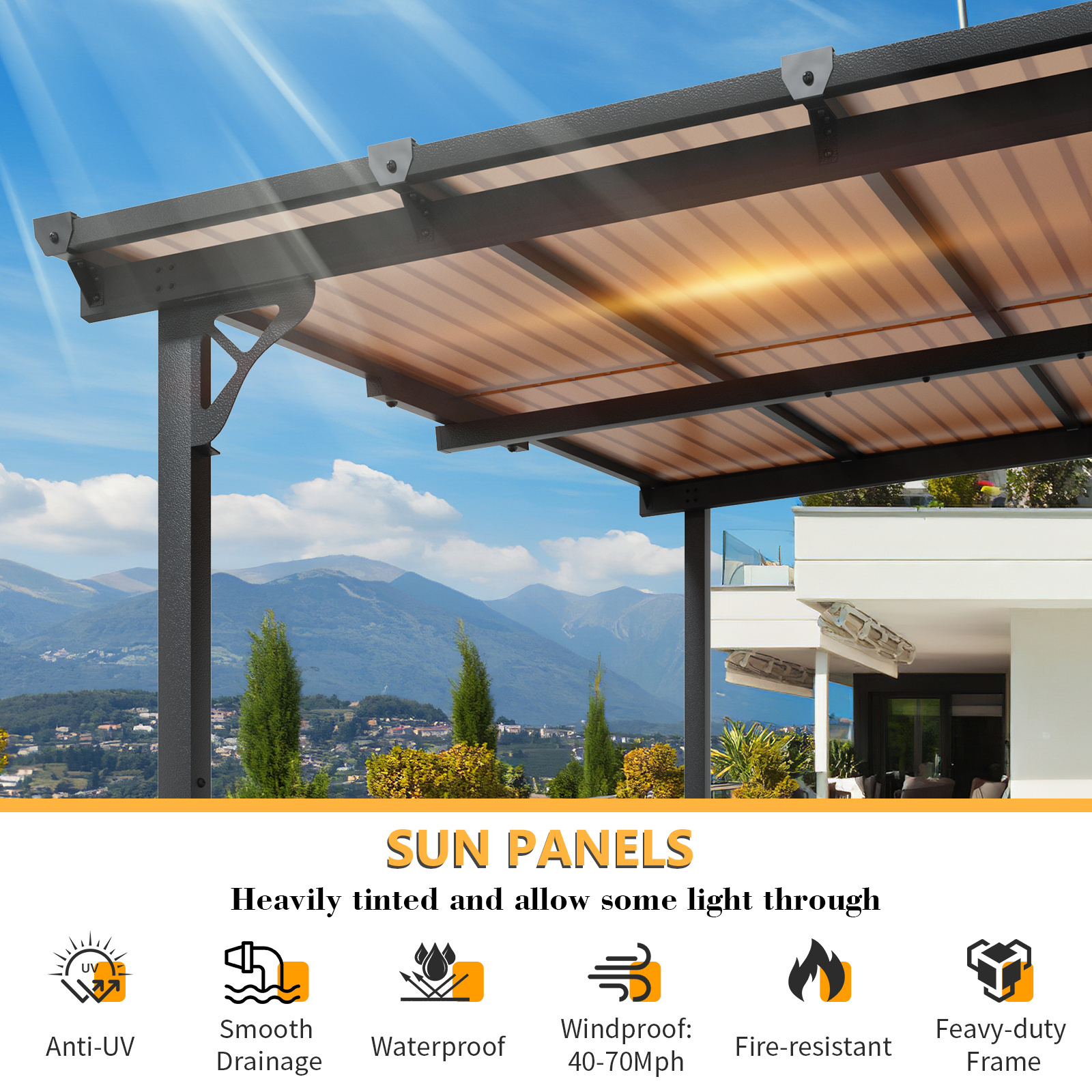 Modern Aluminum Louvre Roof Bioclimatic Pergola Motorized Waterproof Wall Mount Powder Coated Frame-Sunshade Gazebo Outdoor Use