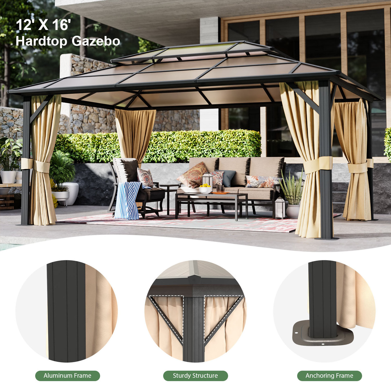 Big Gazebo Plegables Outdoor Polycarbonate Double Roof Gazebo Frame Permanent Pavilion Tan&Gazebo&Pergola