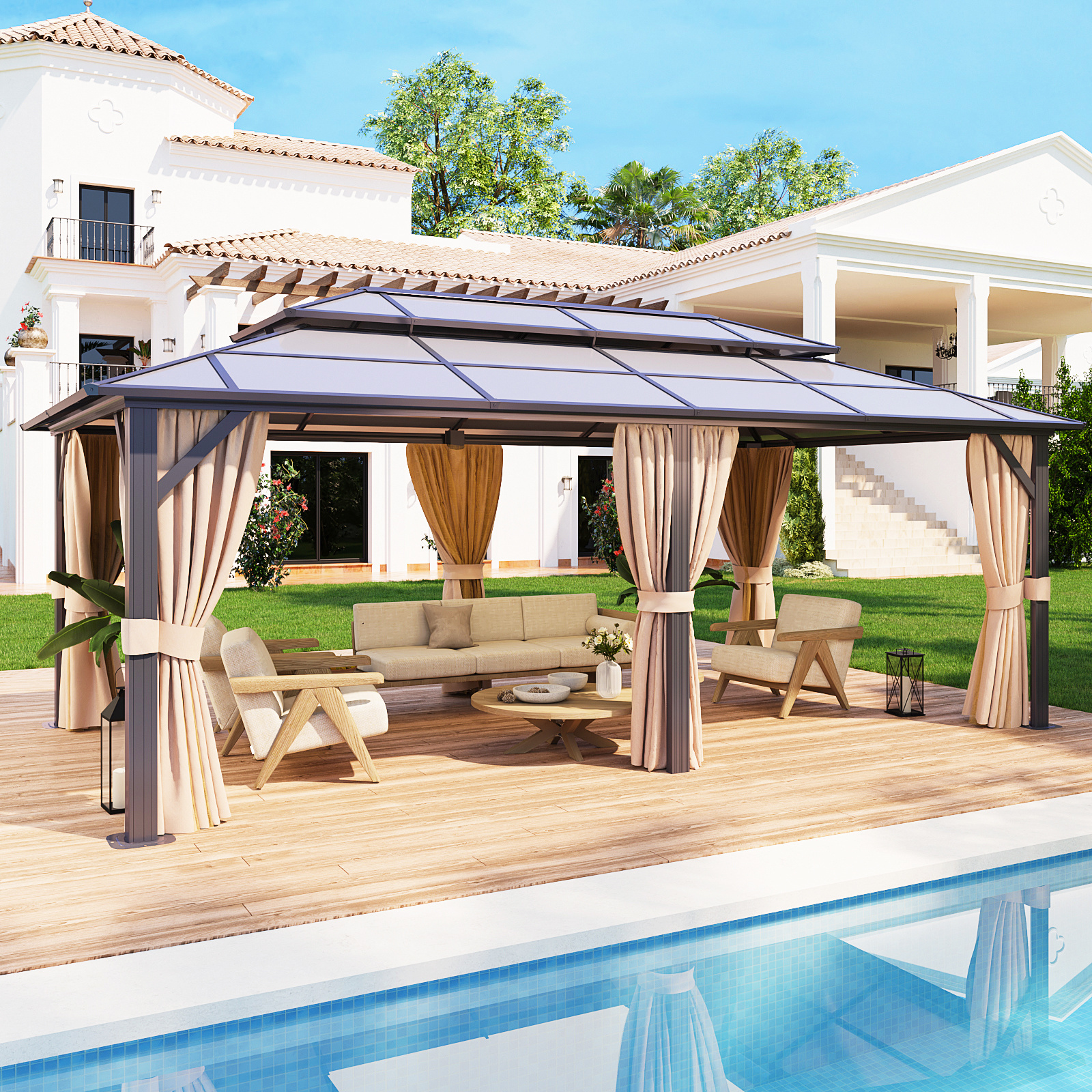 Mochen 12*20FT Waterproof canopy hard top polycarbonate pergola double roof Galvanized steel frame metal patio gazebo