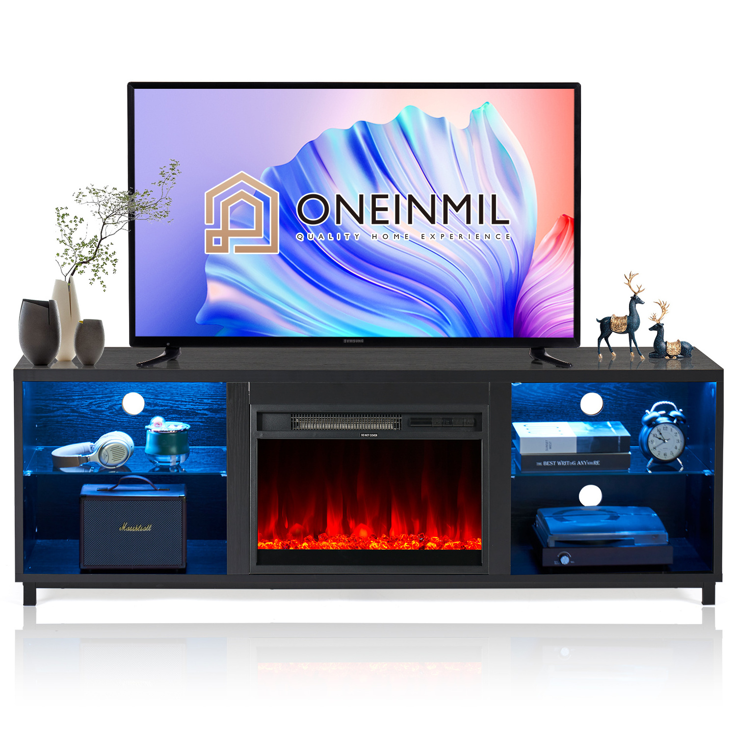 68-Inch Modern LED Fireplace TV Stand Adjustable Glass Shelves for TVs up to 78