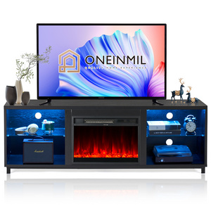 68-Inch Modern LED Fireplace TV Stand Adjustable Glass Shelves for TVs up to 78" Black Wooden Panel for Home Living Room Bedroom