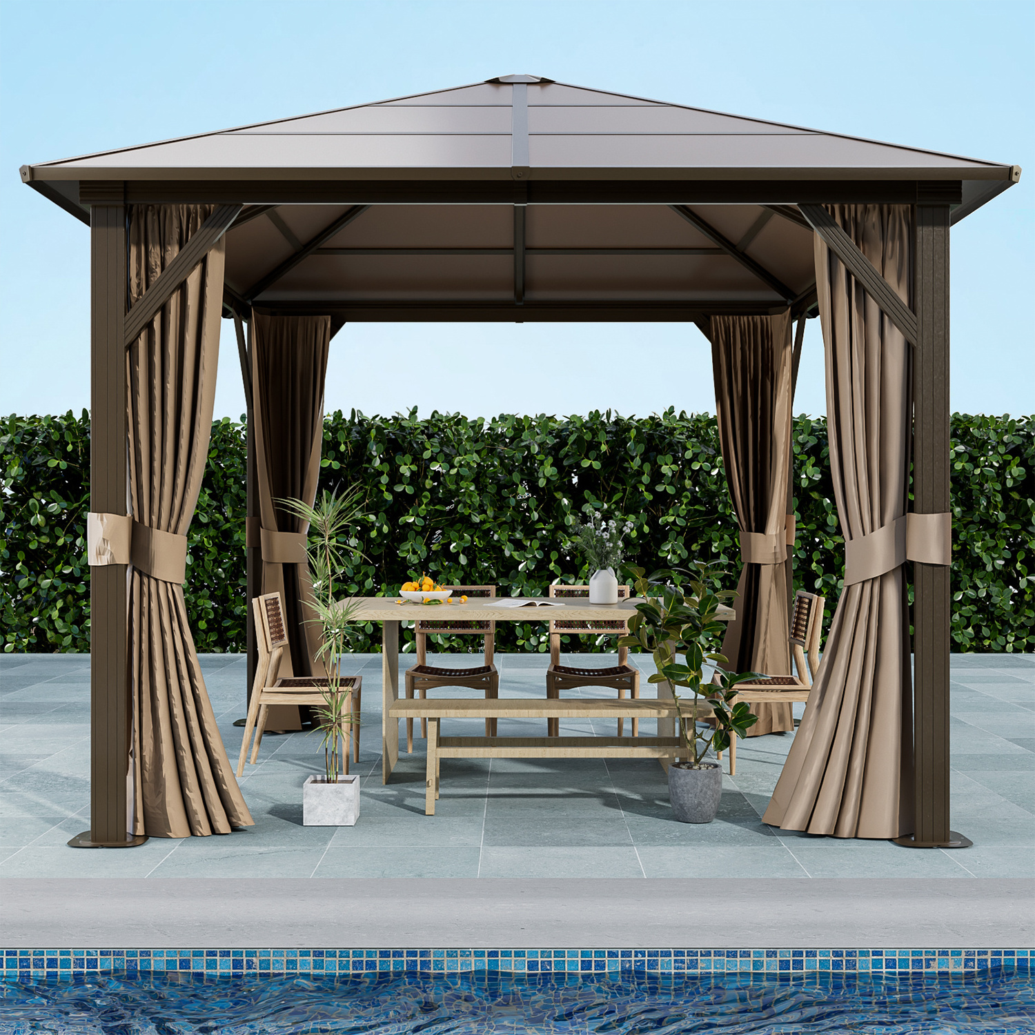 10x13ft Anti-aging Polycarbonate Pergola Gazebo Outdoor Hardtop Canopy Aluminum Frame Gazebo with Curtains