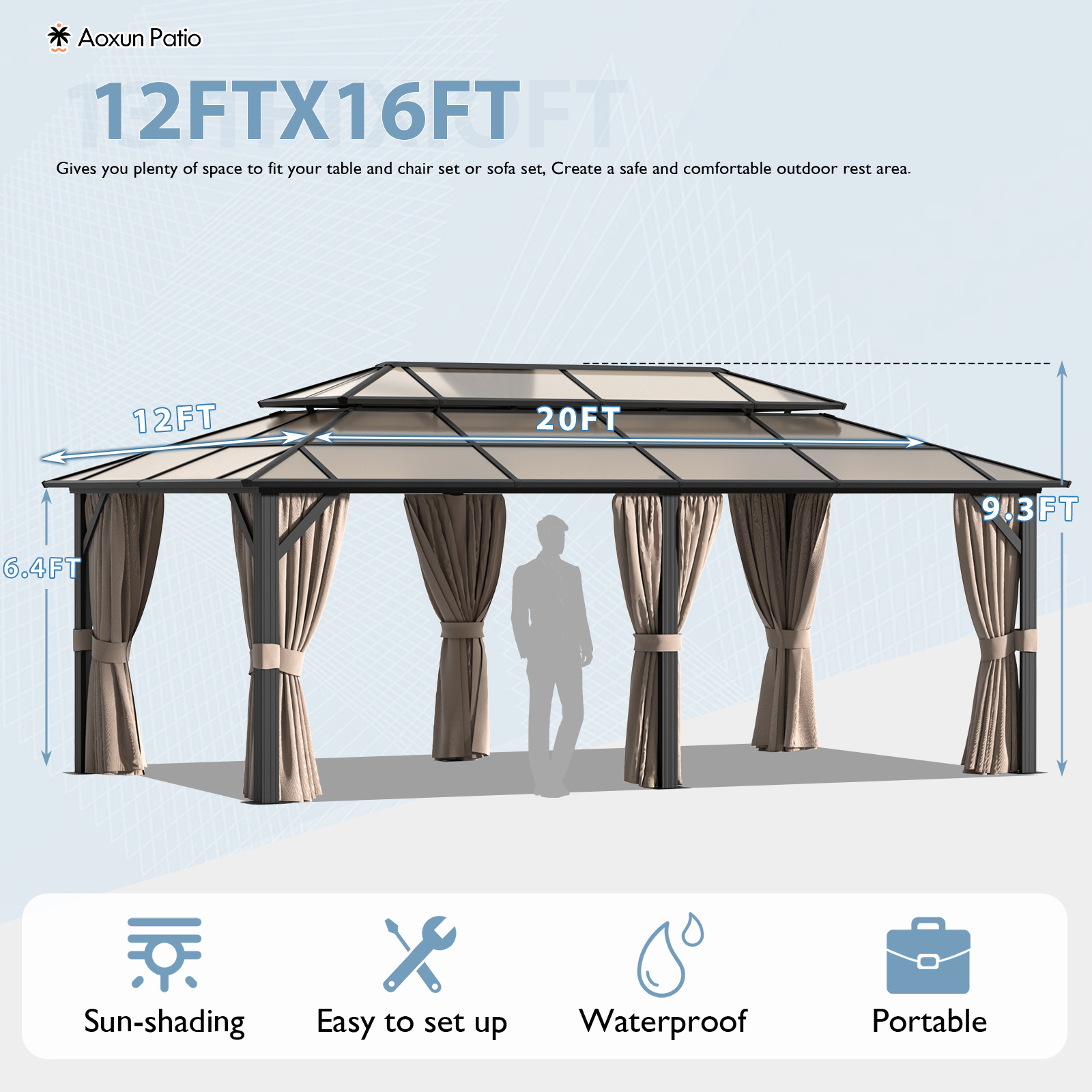 Mochen 12*20FT Waterproof canopy hard top polycarbonate pergola double roof Galvanized steel frame metal patio gazebo