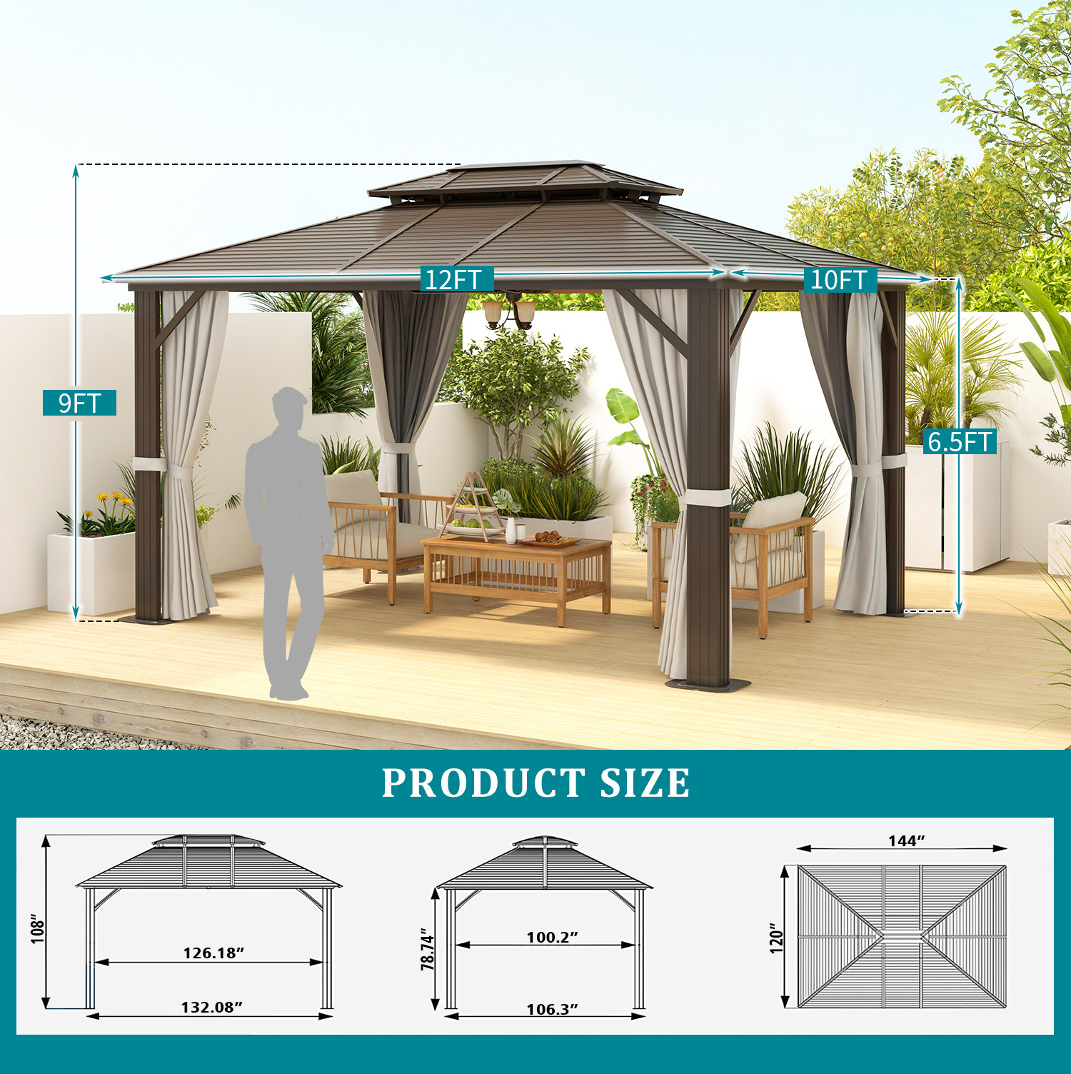 Mochen Modern 10x12FT Outdoor Hardtop Gazebo Galvanized Steel Double Roof with Aluminum Frame Pergola Netting Curtains by Metal