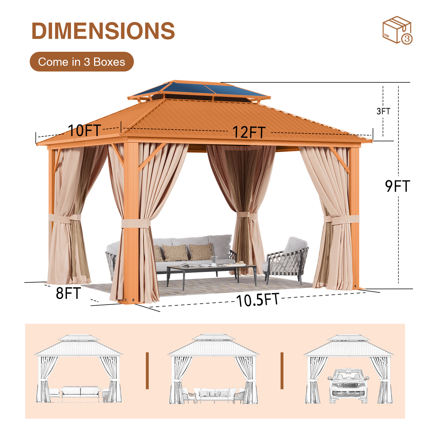 STOCK IN USA Mini Quantity 20 Pieces 10x12 ft. Outdoor Double Roof Wood Grain Gazebo For Patio Includes Curtains and Netting