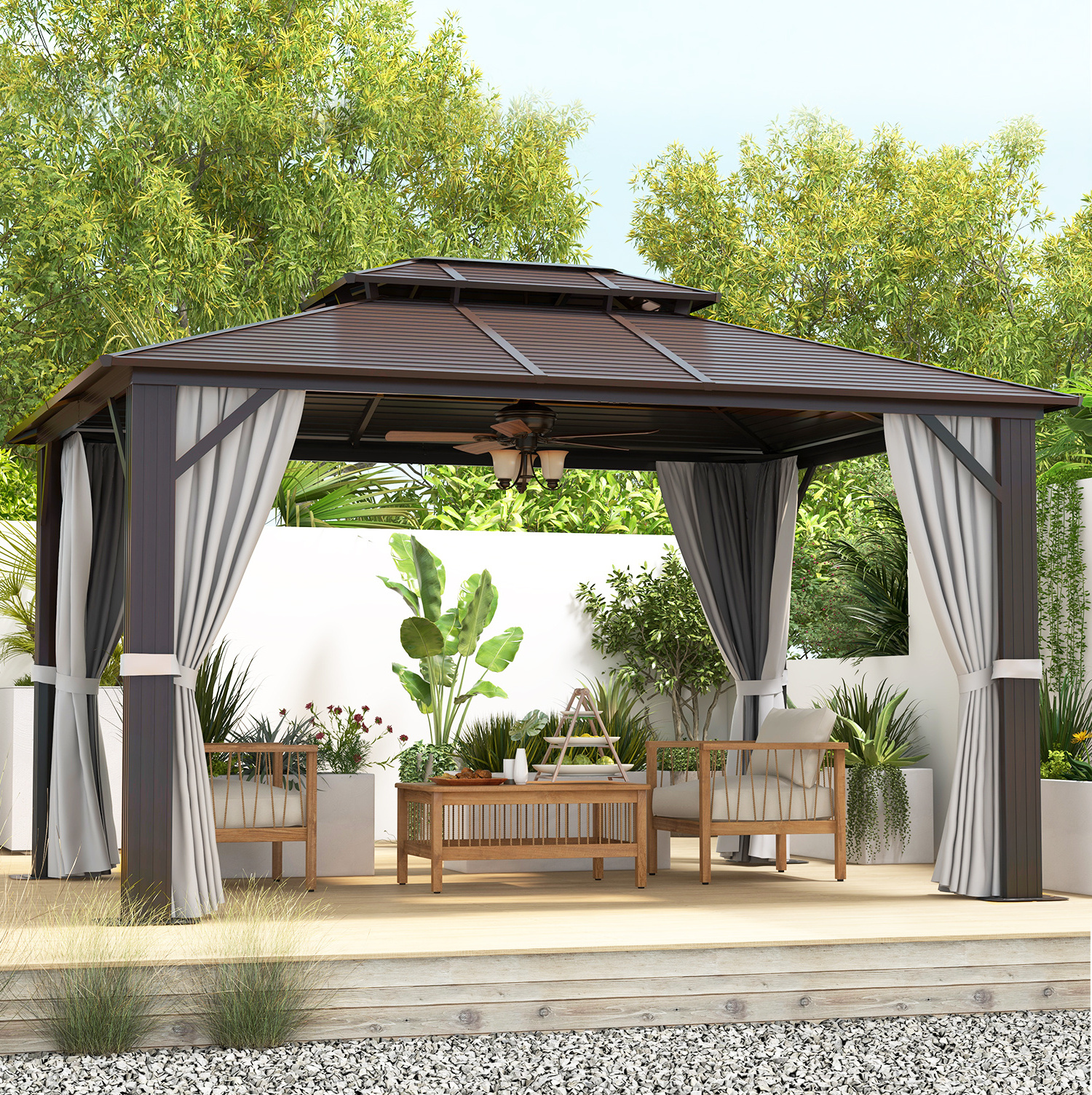 Mochen Modern 10x12FT Outdoor Hardtop Gazebo Galvanized Steel Double Roof with Aluminum Frame Pergola Netting Curtains by Metal