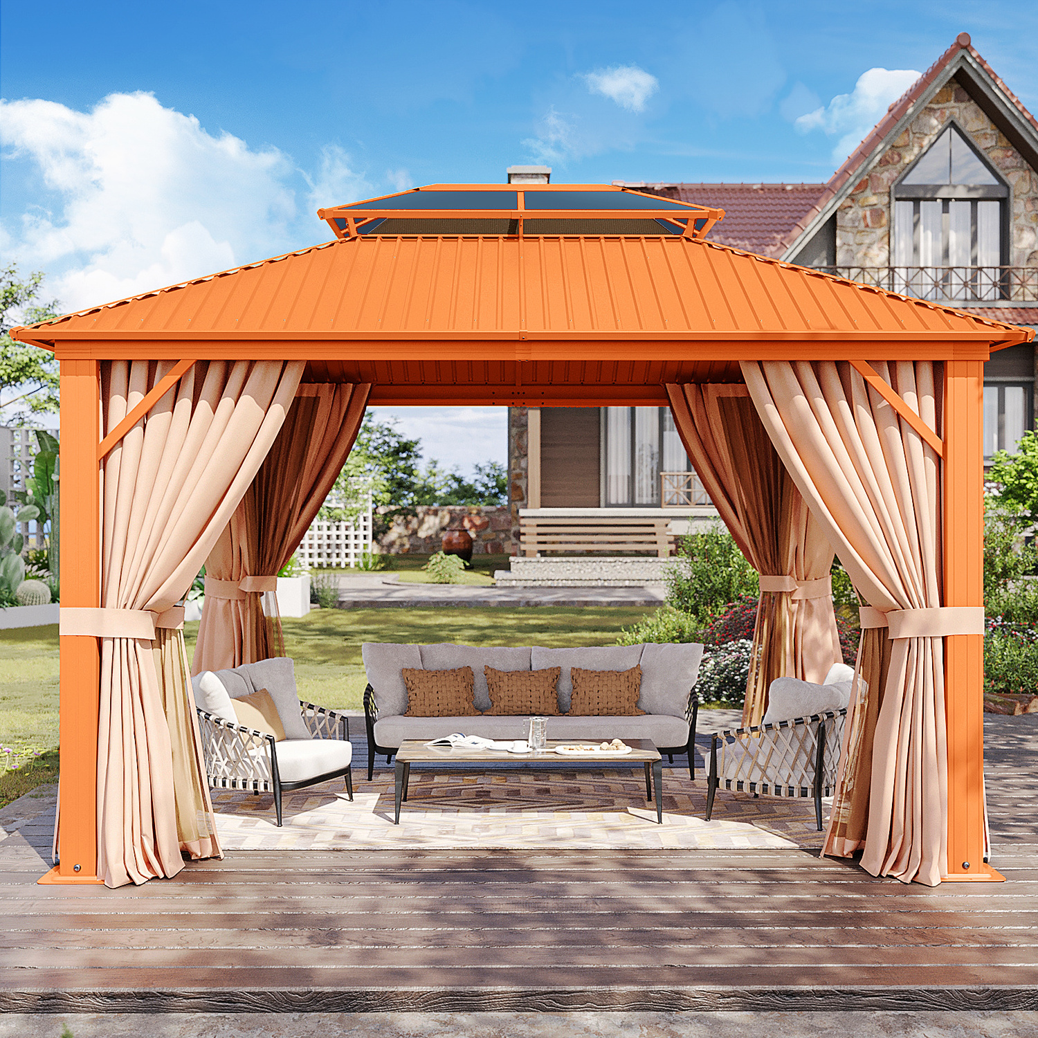 STOCK IN USA Mini Quantity 20 Pieces 10x12 ft. Outdoor Double Roof Wood Grain Gazebo For Patio Includes Curtains and Netting