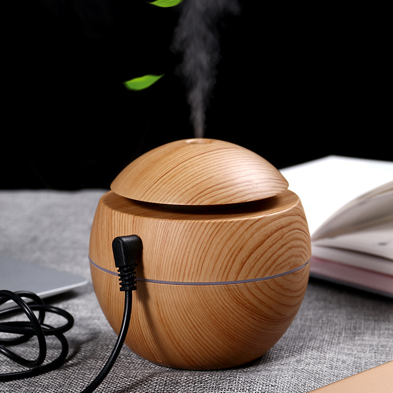 Essential Oil Diffuser round Bamboo Wood color Ultrasonic Aromatherapy Humidifier modern style 7-color LED Light Cool Mist