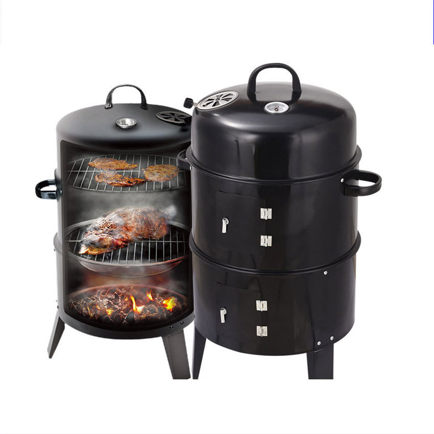 Outdoor courtyard three-in-one black smoker stew grill barbecue  round charcoal grill