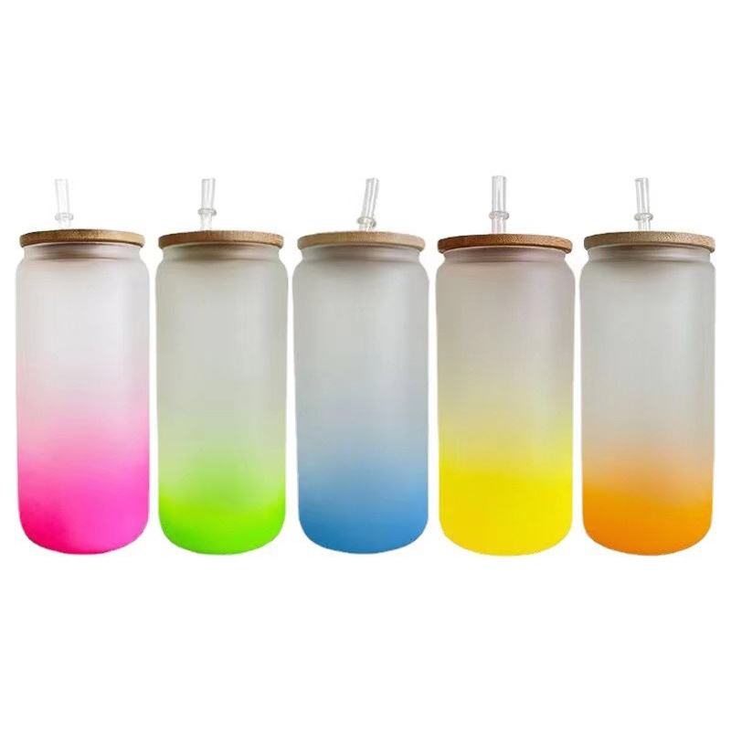 Pre-drilled 16oz 18oz 20oz Iridescent Ombre Colored Frosted Sublimation Cola Soda Beer Glass Can with Lid and Straw