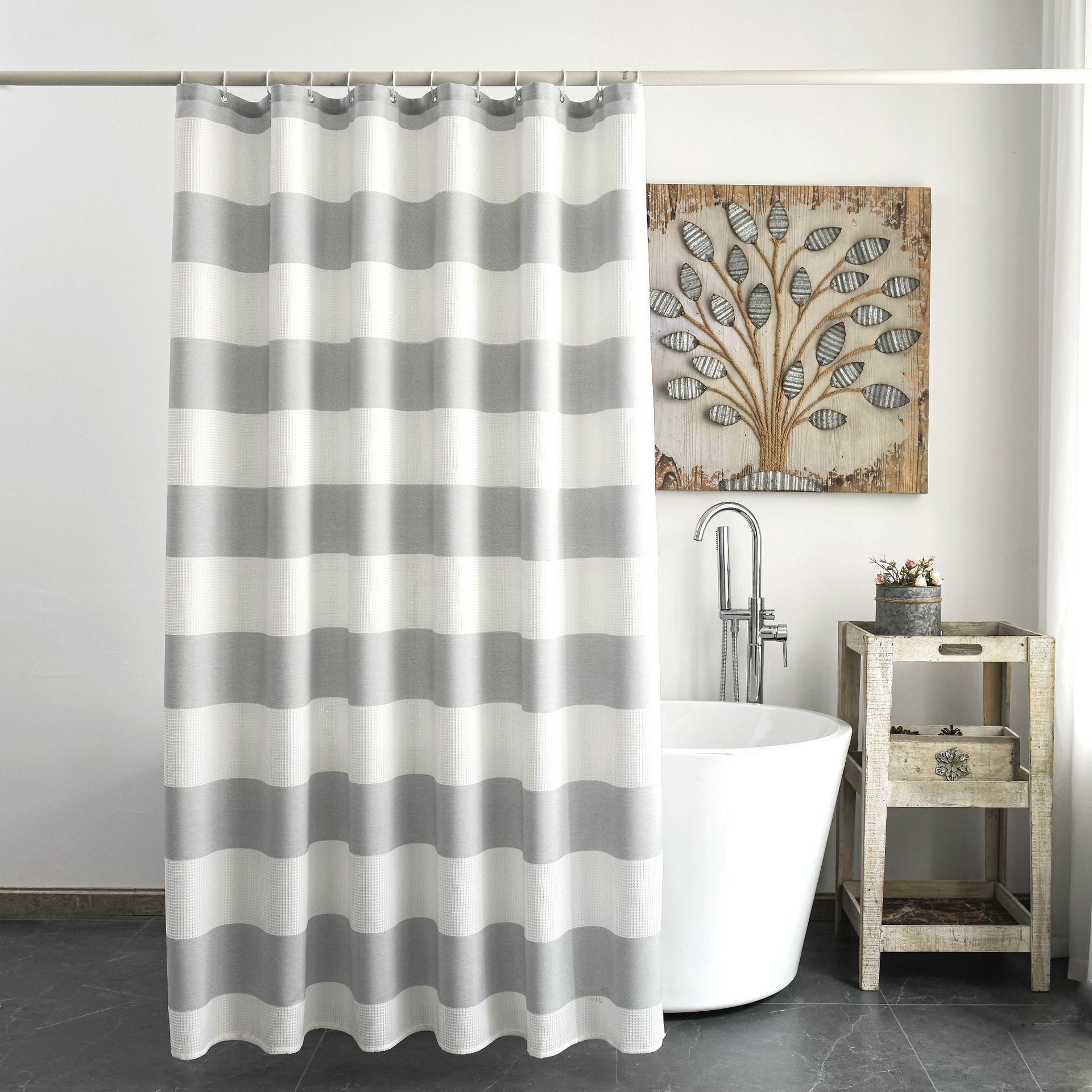 Luxury Hotel Bathroom Custom Heavy Duty Cotton Polyester Blended Fabric Stripe Waffle Shower Curtain