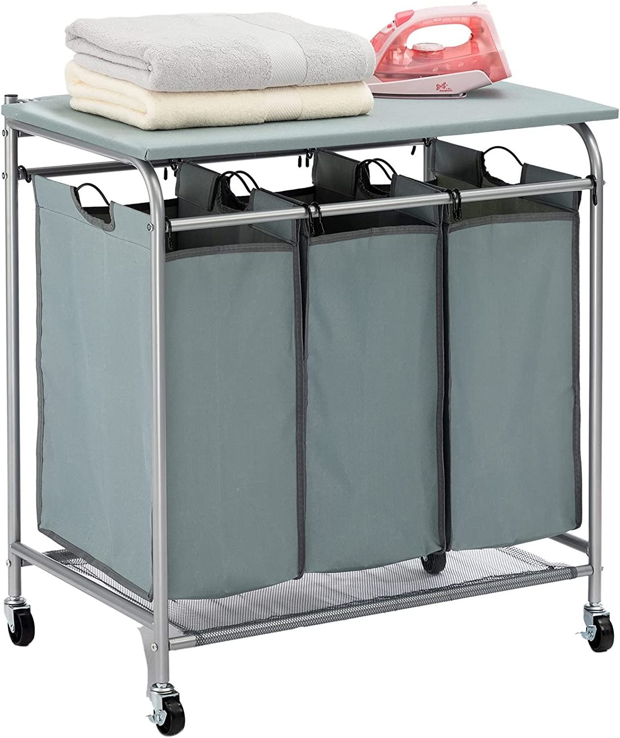 MTS with Ironing Board Rolling Laundry Basket with Side pull 3-Bag and Wheels Laundry Hamper Basket