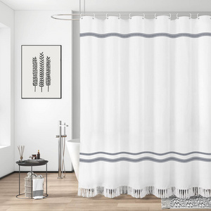 Farmhouse Style with Blue Fringe Trims and Tassel Vintage Boho Chic Cloth Shower Curtains for Bathroom Showers